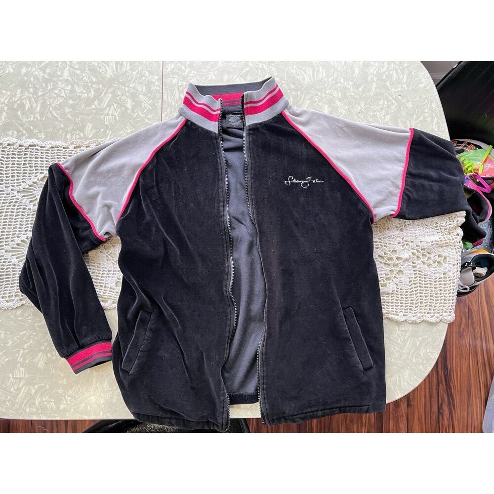 Vintage Sean John Black, Gray, & Red Velour Track Jacket Mens Large y2k